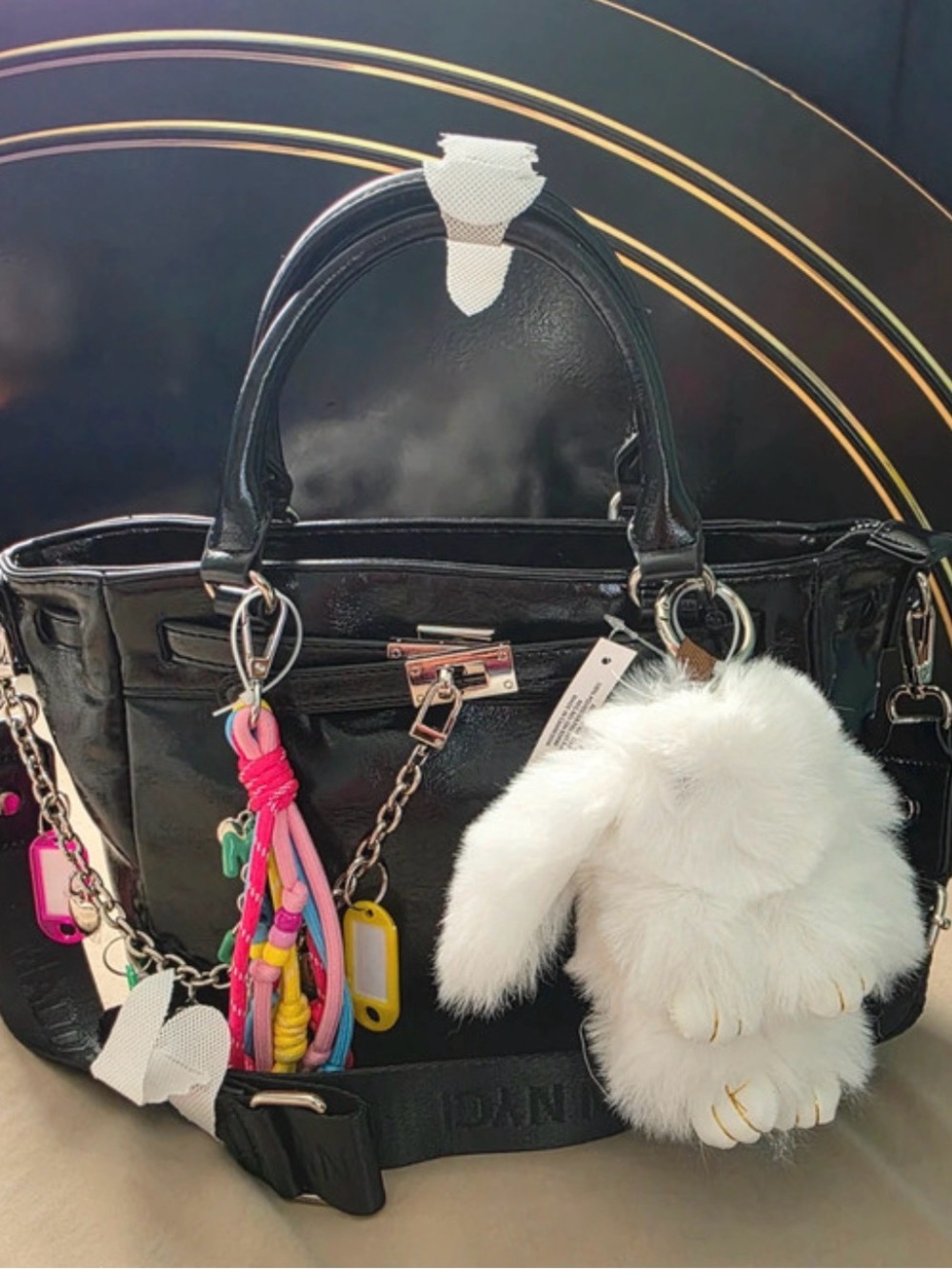 Black Patent Shoulder Bag with White Bunny Charm